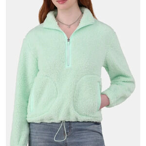 No Boundaries Womens Half Zip Plush Pullover with‎ Pockets Fairy Green Size L